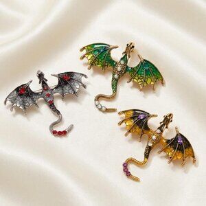 Dragon Brooch Set Fantasy Enamel Rhinestone Pin Trio Modern 3pc